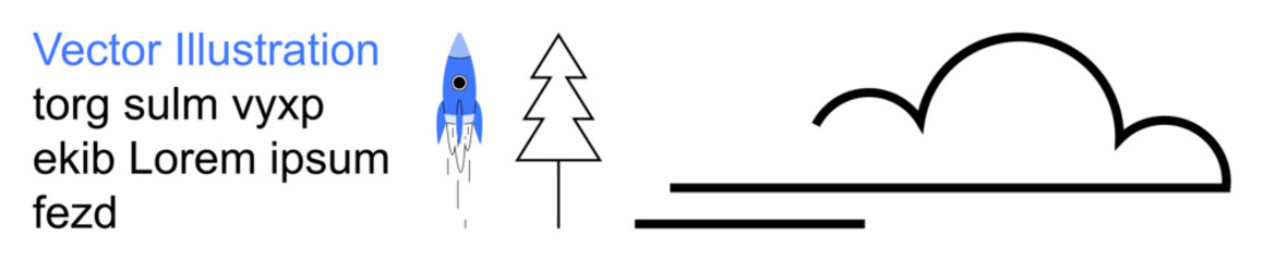 Creativity, exploration, imagination, nature, simplicity, design visuals. Blue rocket icon, tree and cloud line art in a minimalistic composition. Creativity and exploration concepts © robu_s