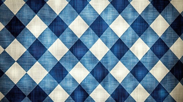 blue and white diamond fabric pattern with woven crosshatch texture evoking a cozy vintage feel