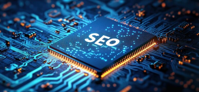 Close-up glowing microchip labeled SEO on a blue circuit board with illuminated orange traces, futuristic high-tech energy conveying speed, connectivity and innovation