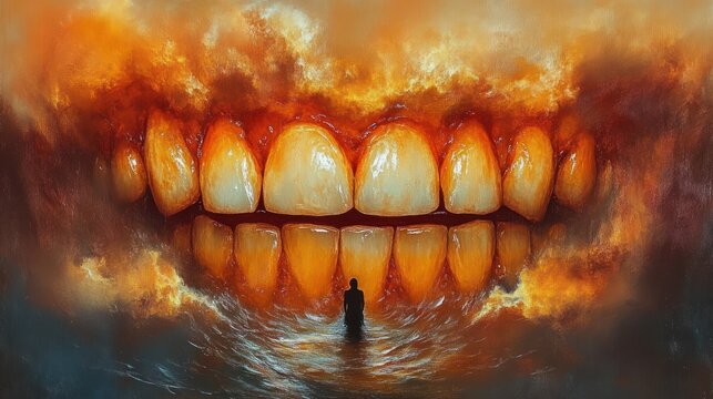 Lone silhouette wading in dark water facing a colossal set of glowing orange teeth emerging from a fiery sky, evoking dread and surreal confrontation
