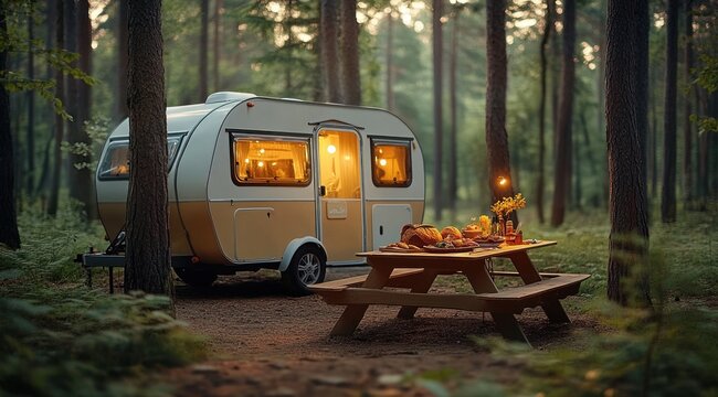Cozy camper trailer glowing at dusk beside a wooden picnic table set with bread, fruit, flowers and lanterns in a peaceful pine forest