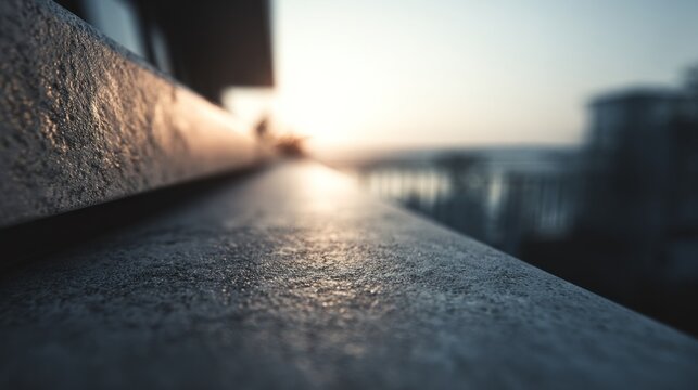 Close-up of a textured concrete ledge with a blurred urban background at sunset