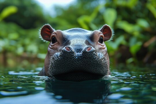 curious hippopotamus head emerging from calm water with wide eyes and wet snout against lush green background
