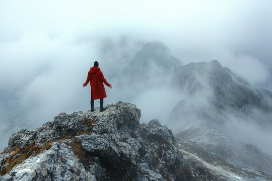 A person in a red coat stands on a jagged cliff, surrounded by misty mountains and swirling clouds, conveying solitude and awe