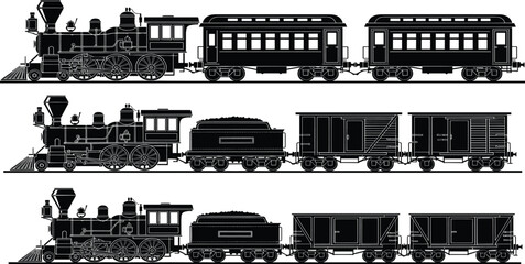 Set of three black steam train silhouettes isolated on white background, vintage locomotive vector illustration for classic railroad transport design. © Mdjoshel 