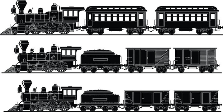 Set of three black steam train silhouettes isolated on white background, vintage locomotive vector illustration for classic railroad transport design.