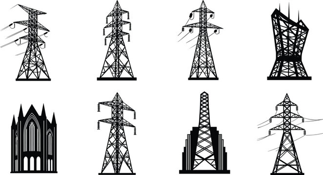 Silhouette of electrical utility poles, high voltage power towers, electricity transmission lines, transformer set, industrial energy infrastructure, cable wire network icons,