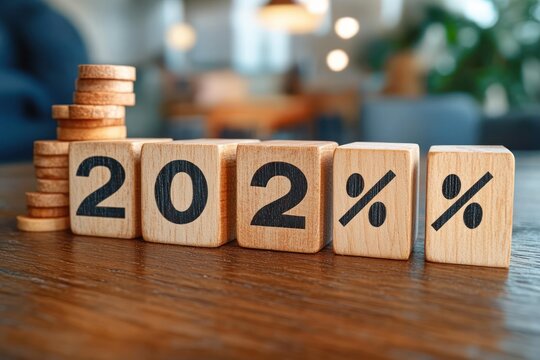 wooden blocks forming 202 percent beside stacked coins on a wooden table in a warm blurred interior, conveying financial growth and optimistic outlook