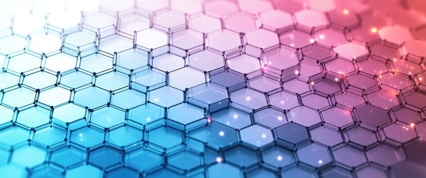 Close-up of a glowing hexagonal lattice grid with blue and pink lighting, tiny illuminated nodes at the corners, a futuristic scientific visualization