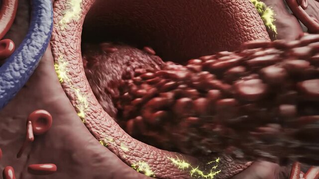 Blood flowing through arteries under chronic high pressure. Pressure waves move faster and harder, striking the arterial wall repeatedly. The vessel lining shows subtle stress signals 