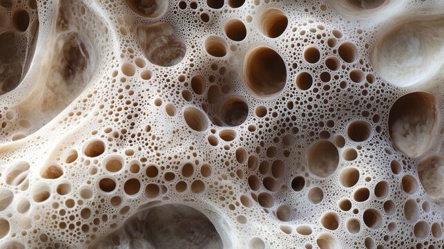 close-up of beige porous organic surface covered with countless circular holes and smooth cavities, an eerie mesmerizing abstract texture evoking curiosity