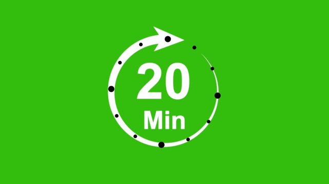 Abstract 20 minute timer symbol isolated on transparent background with alpha channel. 4k Animation timer icon. Clock, stopwatch, cooking time label , arrow.