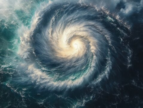 Dramatic swirling ocean vortex with foamy spiral waves and glowing central eye, turbulent dark teal sea evoking awe and danger