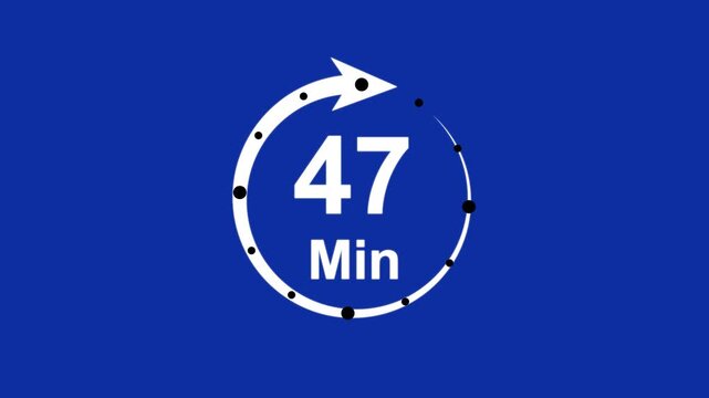 Abstract 47 minute timer symbol isolated on transparent background with alpha channel. 4k Animation timer icon. Clock, stopwatch, cooking time label , arrow.