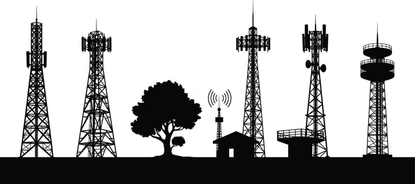 Silhouette of multiple communication towers, radio antennas, wireless network station and tree landscape, modern telecommunication infrastructure technology background illustration