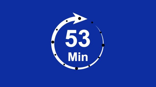 Abstract 53 minute timer symbol isolated on transparent background with alpha channel. 4k Animation timer icon. Clock, stopwatch, cooking time label , arrow.