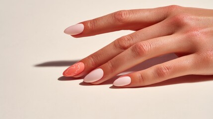 A close-up of a woman's hand with long, almond-shaped nails. The nails are painted in soft pink shades with one accent nail featuring a textured design.
