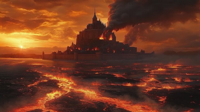 Fortified island castle engulfed in flames with thick smoke and molten fiery sea under a blazing sunset, apocalyptic and ominous atmosphere