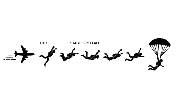 Skydiving silhouette icon set with airplane jump sequence and parachute poses for extreme sports infographic design