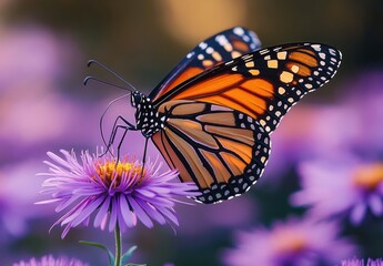 Obraz premium vibrant orange monarch butterfly delicately feeding on a purple aster flower with soft bokeh background, serene summer moment