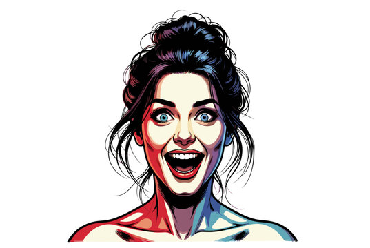 Comic style woman with surprised expression and messy bun