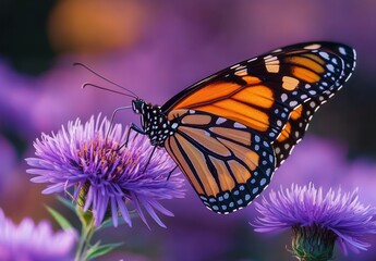 Obraz premium orange and black monarch butterfly gently feeding on vibrant purple thistle blossoms in a serene close-up garden scene