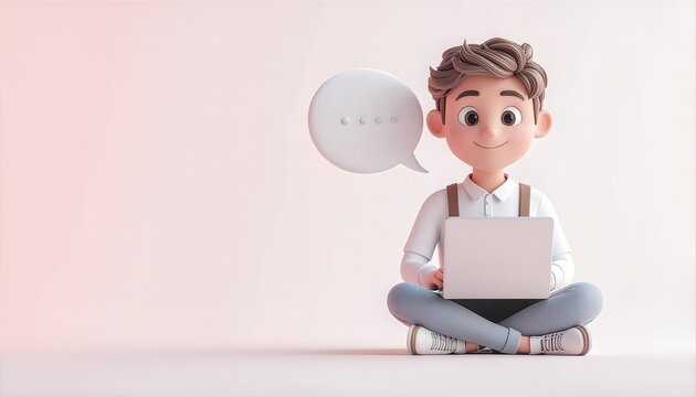 3D cartoon man using laptop computer.