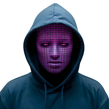 Glowing purple hooded figure with pixelated face isolated on transparent background isolated on transparent background