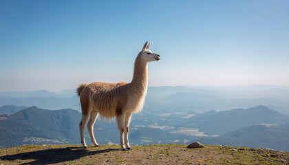 Fototapeta premium Llama mountain ridge panoramic sky proud stance golden fleece serene