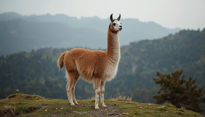 Fototapeta premium Mountain llama standing on ridge with panoramic mountain view, calm proud expression