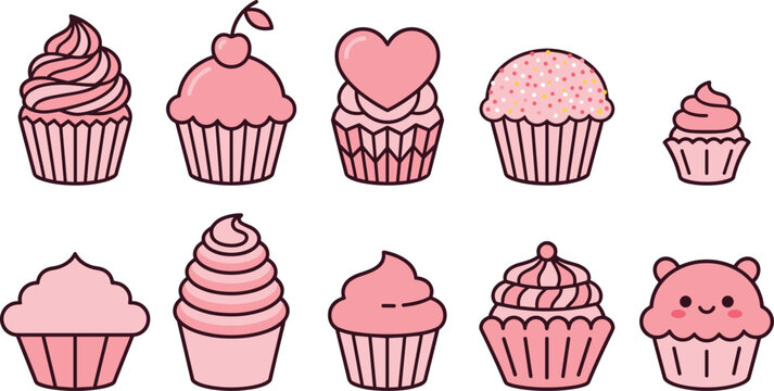 Ten unique cupcake icon collection with frosted muffins, cream swirls, and cute bakery dessert elements for food branding, menus, birthday graphics, and sweet themed design