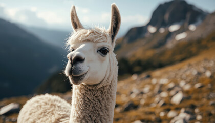 Fototapeta premium White llama portrait in mountain meadow, soft light and serene expression