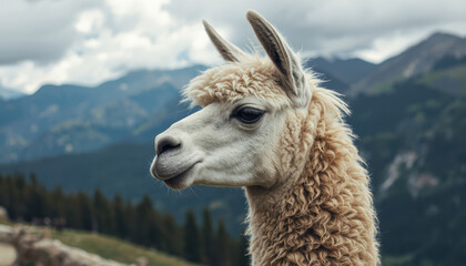 Fototapeta premium White llama portrait in mountain meadow with cloudy sky and evergreen forest