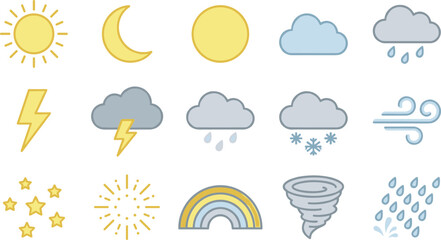 Naklejka premium Weather and sky icon collection with sun, moon, clouds, rain, rainbow, lightning, wind, storm, and atmospheric symbols for forecast graphics, education, and seasonal design