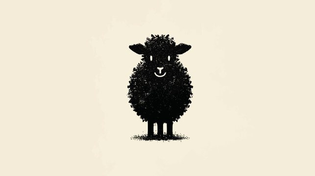 Cute Stylized Black Sheep Illustration with Textured Wool and Gentle Smile on Light Beige Background, Adorable Farm Animal