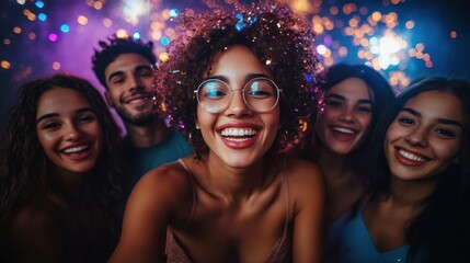Fototapeta premium close-up group selfie at a festive nighttime party with confetti and glitter in hair, colorful bokeh lights and joyful celebratory energy
