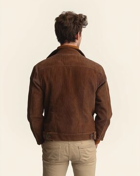 Man standing with back to camera wearing brown corduroy jacket and beige pants, hands in pockets, calm contemplative posture against a neutral background