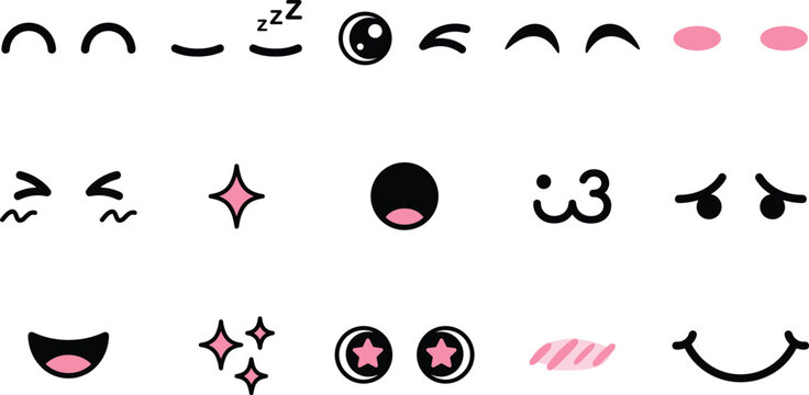 Cute facial expression icon collection with cartoon eyes, blush, brows, smiles, sparkles, and playful emotive details for character creation, stickers, and kawaii illustration
