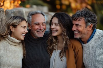 Fototapeta premium Four people standing close outdoors in autumn wearing cozy sweaters sharing a warm affectionate moment