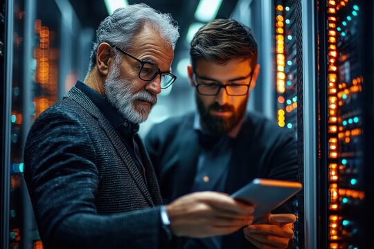two it professionals consulting a tablet between illuminated server racks with multicolored status lights, focused collaborative work