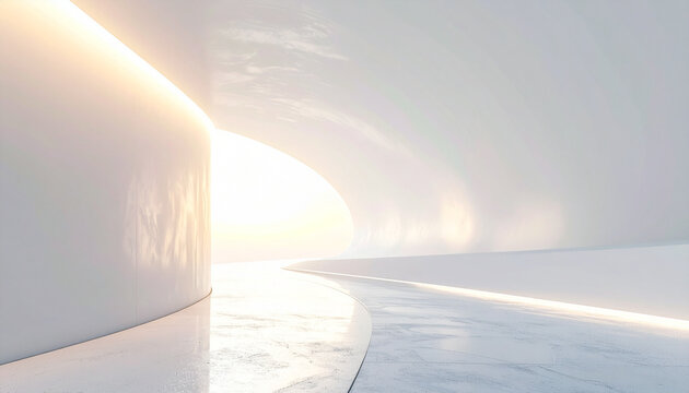 A smooth curved pathway leads to a distant glowing light in a minimal landscape.