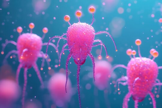 Close-up view of pink spherical microbes with tiny tentacles and glowing filaments, set against a blue bokeh background, evoking mysterious scientific curiosity.