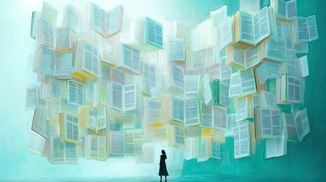 Solitary silhouette standing beneath a drifting cloud of open books against a teal backdrop, evoking wonder and contemplation