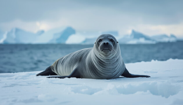Leopard seal resting on icy shore with iceberg backdrop