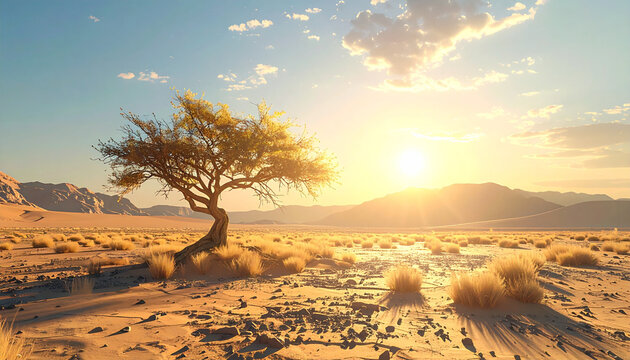 A lone tree stands in a desert landscape at sunset with mountains in the background.