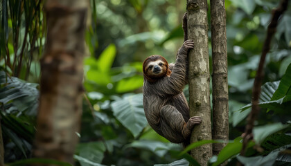 Obraz premium Young brown sloth climbing tree trunk in lush tropical jungle, calm expression and soft fur