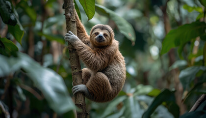 Obraz premium Sloth climbing branch rainforest brown fur calm expression