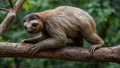 Obraz premium Three toed sloth on branch in tropical forest with visible claws and textured fur