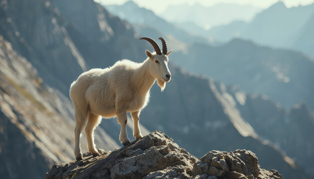 Surefooted mountain goat standing on rocky alpine peak at sunrise, serene mood