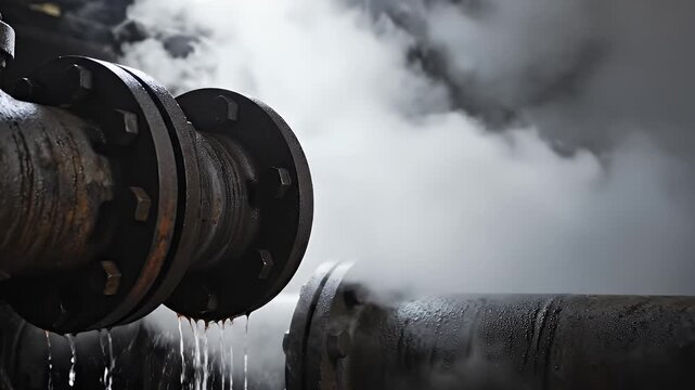 Close-up of industrial pipes with steam, condensation, and water dripping